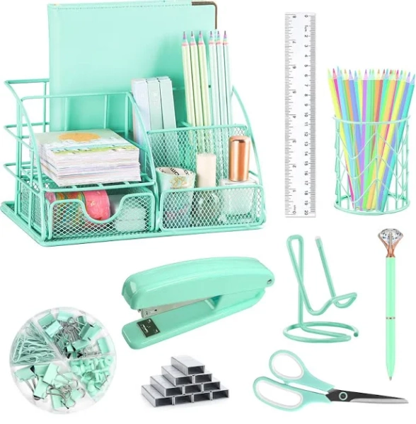 KAAKOW Green Desk Organizers and Accessories Office Supplies Set Stapler Pen Holder