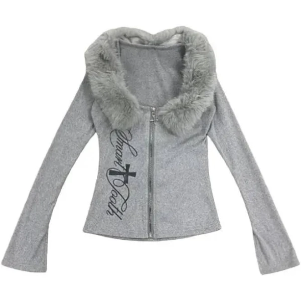 Spring new high street Harajuku style hooded sweatshirt with long sleeves and fur collar pattern printed slim fit waist jacket