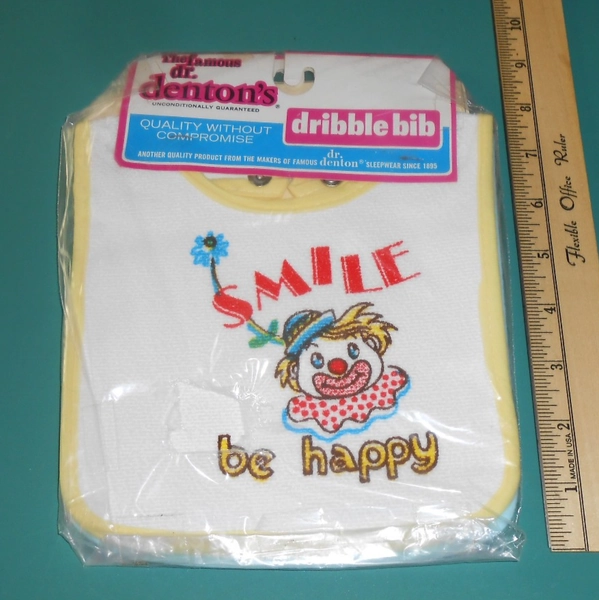 Vintage 1980s Dr Denton Baby Bib DRIBBLE BIB Neck Snaps Clown Dog Puppy Rare