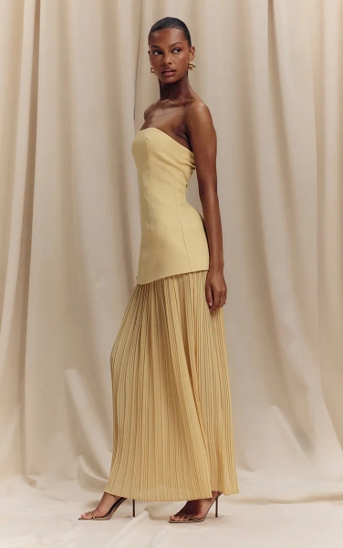 Lemon Chiffon Pleated Skirt Panel Bandeau Maxi Dress