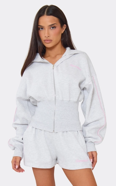 Contrast Stripe Graphic Detail Cinched Waist Zip Up Hoodie In Light Grey Marl