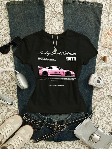 INAWLY Women's Casual Slogan & Car Print Short Sleeve Round Neck T-Shirt