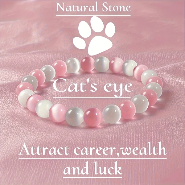 1pc of an Elegant And Cute Style, Pink And White Cat'S Eye 8Mm Material Bracelet, Adjustable Women'S Accessory, Suitable for Daily Wear, Perfect Gift for Mother'S Day And Other Holidays.