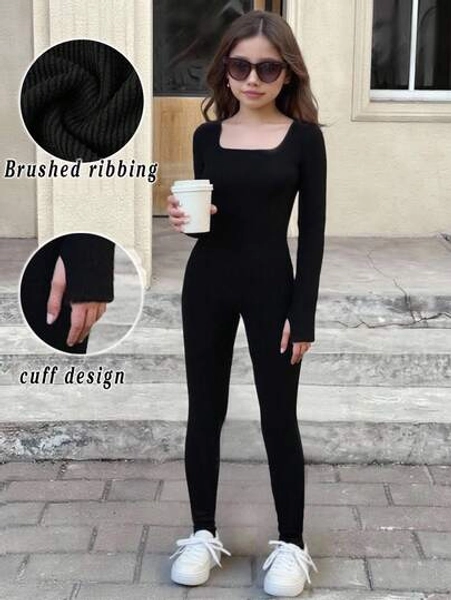 SHEIN Tween Girl Casual Everyday Minimalist Knit Fleece Turtleneck Long Sleeve Fitted Solid Black Jumpsuit, Autumn/Winter Fall,Comfortable Base Layer Bodysuit For Autumn And Winter,
