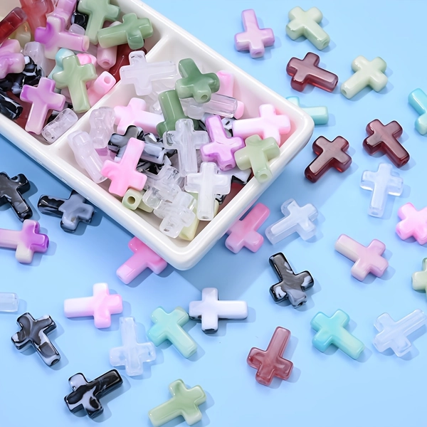 50pcs Acrylic Stained Glass Cross Beads Suitable for DIY Jewelry Making, Vibrant Pastel Colors with Glossy Finish, Pre-Shaped Cross Beads for Bracelets & Necklaces, Compatible for Craft Supplies, Jewelry Beads for Beginners & Experts, DIY Craft