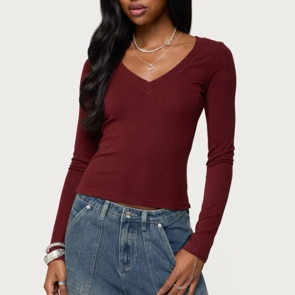 Edikted Women's Larna V Neck Ribbed T-Shirt