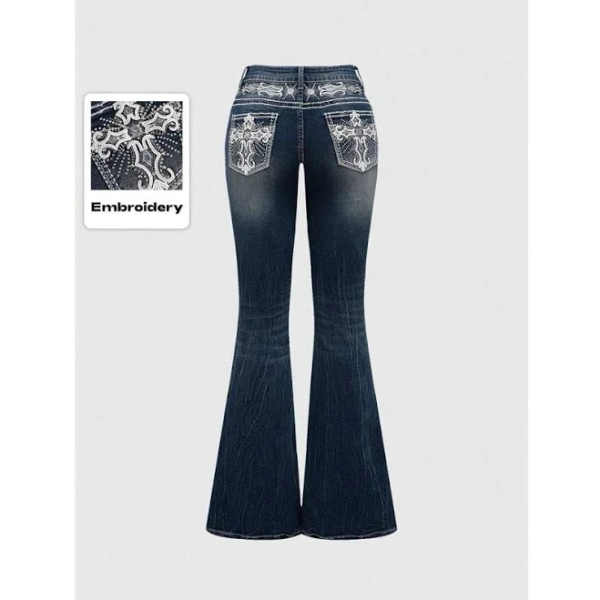 Grunge Punk Y2k Retro Midriff Pocket Cross Wing Embroidery Fitted Flare Jeans