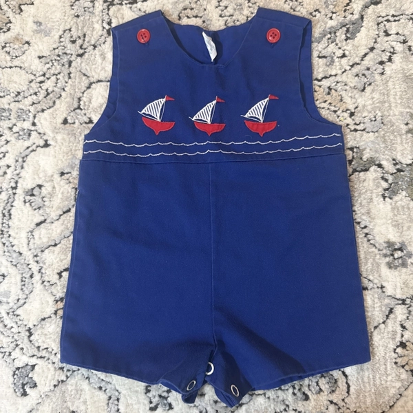 Vintage Sailboat Overall Baby 12M Blue Nautical Sailboat Embroidered Shortall