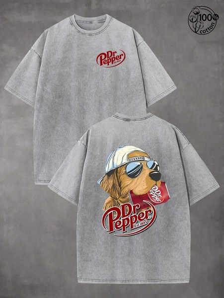 Dr. Pepper Red Patterned T-Shirt, Sunglasses Golden Retriever Holds Dr. Pepper Drinks, Men And Women's T-Shirts, 230G Wash Cotton High Quality Cotton Printed T-Shirts, Men Clothes, Suitable For Street Retro And Outdoor Sports And Leisure, Comfortable And Fashionable, Y2k Clothes, Funny T-Shirts, Streetwear, Perfect Gift.