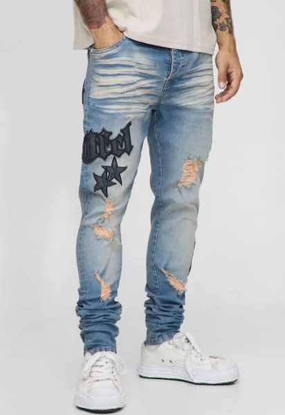 boohooMAN Men's Skinny Fit Stacked PU Applique Washed Chain Jeans