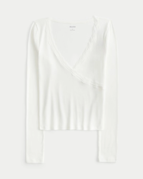 Long-Sleeve Lace Trim Wrap Top