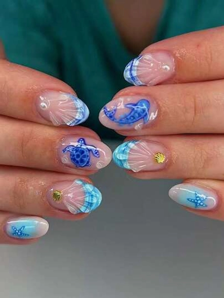 24Pcs Short Oval 3d Gelnails Makes Ocean Nails Turtle And Whale Patterns With Shell ,Pearl Decoration Design French Tip Press On Nails Short Fit Perfectly Acrylic False Nails Set,Include: 1pc Jelly Glue And 1pc Nail File, French Tip Nails & Summer Nails For Woman Girl Daily Work Festivals Party Use