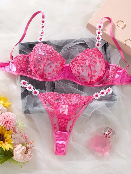 rose pink embroidered lace lingerie set womens semi sheer - Temu