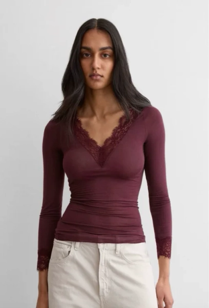 Camiseta con encaje de manga larga en modal y cashmere ultraligero