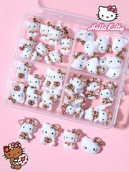 SANRIO 40pcs Cartoon Nail Art Decoration Set, 4 Leopard Print Cat Designs DIY Mini Rhinestone Flat Decals Nails Nail Charms