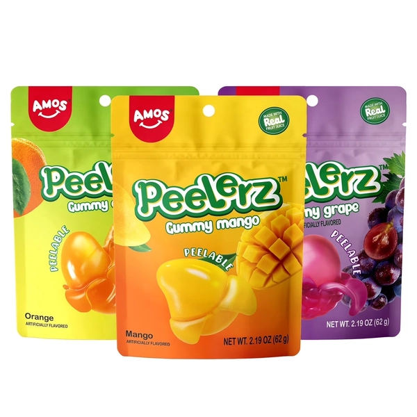 Amos Peelerz Mixed Fruit Gummies Candy Gummy Variety Pack - 3 Individual Packs, Mango, Orange, Grape 2.19 oz