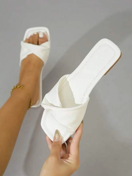 Summer New White Cute Flat Sandals Women, Fashion Casual Thong Slippers With Yellow Sole Square Toe