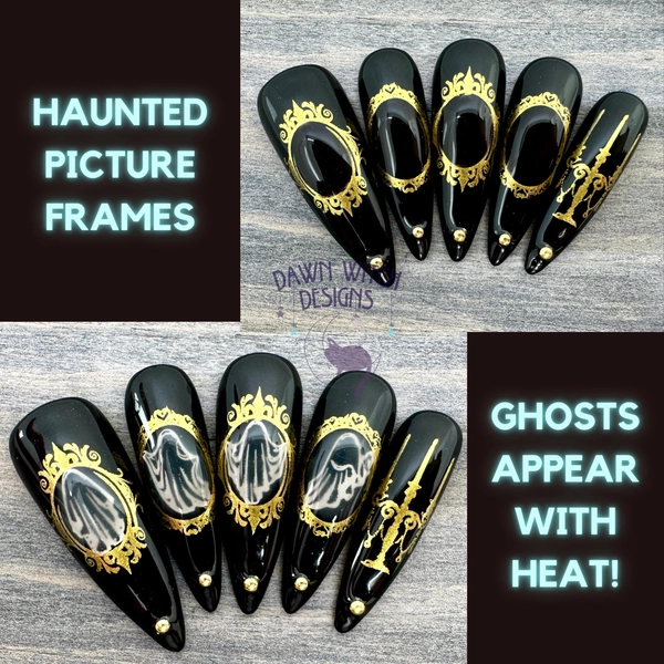 Thermal Ghost Press On Nails | Halloween Nails with Gold Frames | Heat Reveal Nail Art | Disappearing Ghosts in Gold Picture Frames