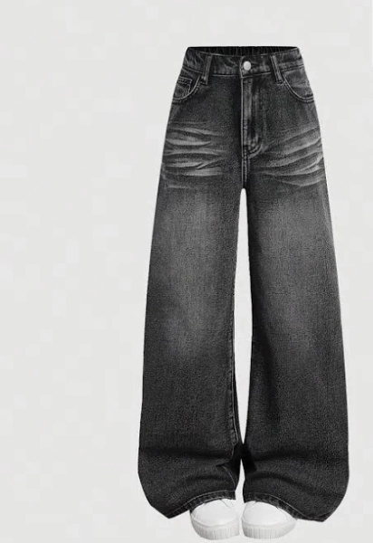 SHEIN Girls Baggy Tween Y2k Cat Whisker Washed Wide Leg Jeans
