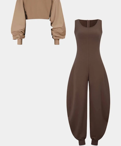 Micas Women's Casual Long-Sleeve Cut Out Top and Sleeveless Jumpsuit Set