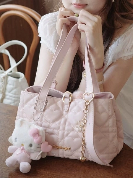 [£33.00]Pink Lolita Tote Bag Diamond Pattern with Heart Shaped Buckle Accents