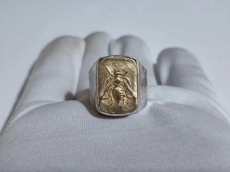 Greek Bee Coin Silver Signet Ring, Handmade Jewelry, Unique Gift for Him, Gold Inlay Men’s Ring, Customizable, Birthday Gift