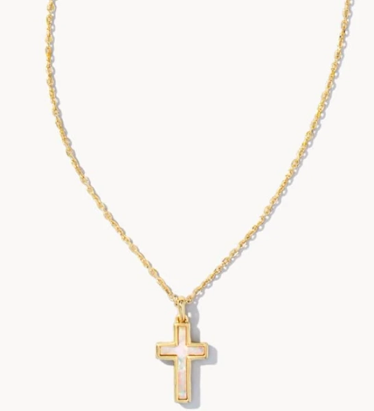 KENDRA SCOTT CROSS PENDANT NECKLACE - GOLD WHITE OPAL
