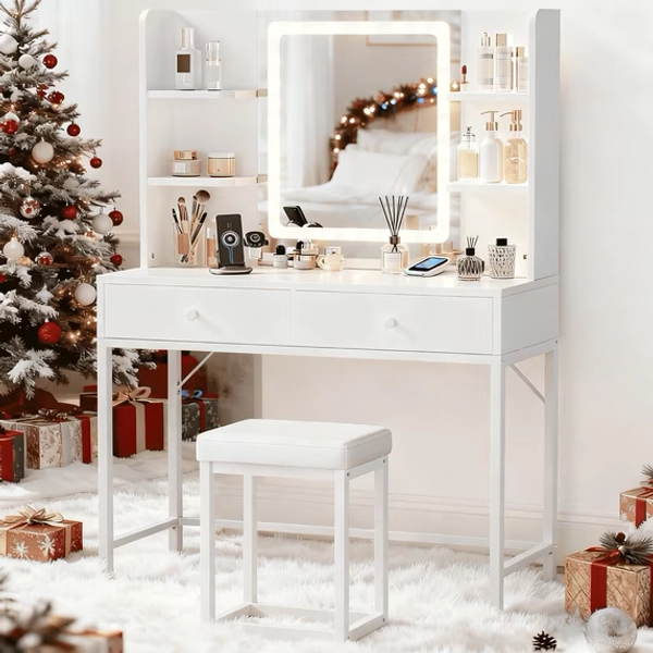 Vanity, Lofka 56" White Vanity Desk Set with Mirror and PU Leather Stool for Bedroom, 3 Modes Brightness and Color Temperature