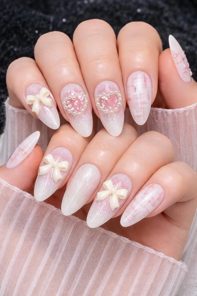 Pink Pearl Bow Press On Nails | Kawaii Heart Plaid Almond False Nails Set