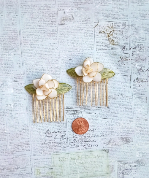 Mini Gold Gardenia Flower Hair Combs, Single or Set of 2 Gold Wire Hairpins
