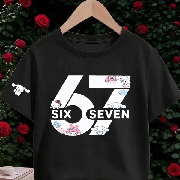 Girls' Sanrio Hello Kitty & Cinnamoroll 67th Birthday T-Shirt - Pink Cute Number 67 with Hello Kitty & Cinnamoroll Characters, 67% Poly Summer Top for 6th/7th Birthday Party Outfit, Birthday Gift