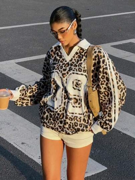 Muchica Plus Size Leopard Print & Letter Graphic Casual Pullover Sweatshirt,Summer Winter Fall Autumn - Size 3XL