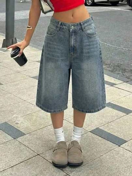 SHEIN Teen Girl Y2K Retro Washed Pocket Design Loose Bermuda Denim Long Shorts,Summer Boho Jeans Shorts,Suitable For Summer Chill, School, Campus, College,Summer,Suitable For Spring And Summer Boho,Season Vintage//Beach/Sea/Elegant Graduation,Casual,Summer Holiday,Spring,Beach,Vacation,Valentine Day,Summer Holiday,Beach Vacation Holiday,Graduation