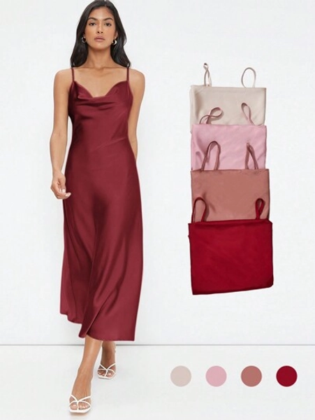 BizChic Women's Elegant Satin Slip Dress With Draped Neckline, Long Length, Suitable For Weddings, Business Casual, Concerts, And Wedding Guest Attire