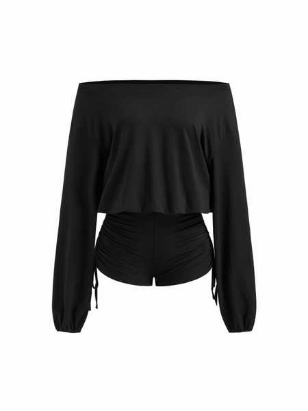 Knit Fabric Cotton-blend Asymmetrical Neck Drawstring Romper For Daily Casual
