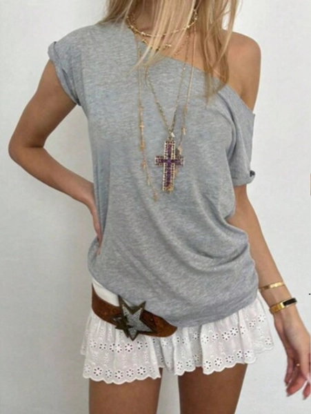 INAWLY Women's Casual Solid Color Asymmetric Neck T-Shirt, Summer Graphic Tees Women Tops