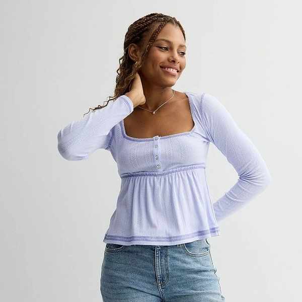 Juniors' Rewind Long Sleeve Pointelle Rib Babydoll Top in 2025 | Clothes, Really cute outfits, Cute everyday outfits