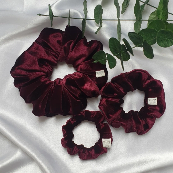 Burgundy Silk Velvet hair scrunchies. Soft Plush Luxe handmade XL oversized, medium & mini scrunchie. Birthday Christmas gift friend, sister