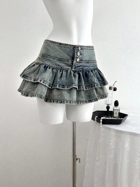 Elamini Women's Fashion Denim Skirt With Button Waist Design And Double Ruffle Hem