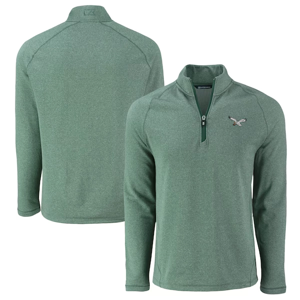 Men's Cutter & Buck  Heather Kelly Green Philadelphia Eagles Peshastin Eco Fleece Tri-Blend Raglan Recycled Quarter-Zip Jacket