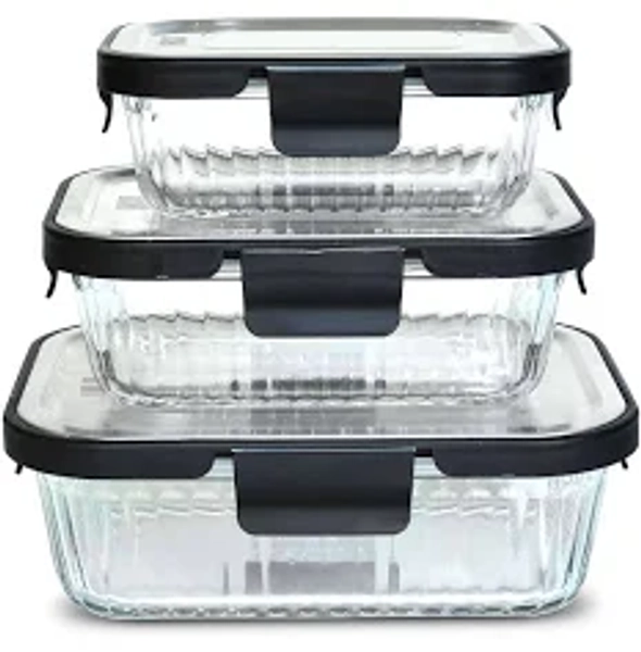 Glass Food Container Rectangular With Stainless Steel Lid 3-Pieces Set