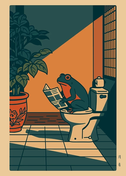 'Frog reading newspaper on toilet' Poster, picture, metal print, paint by EDSON RAMOS | Displate
