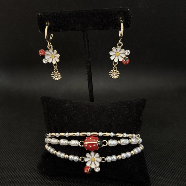 Daisy Lady Bug Enamel Faux Pearl Yellow Goldtone Earring And Bracelet Set-Small