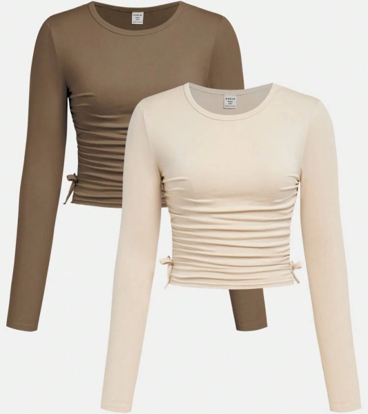 SHEIN Teen Girl Round Neck Ruched Long Sleeve Knitted T-Shirt