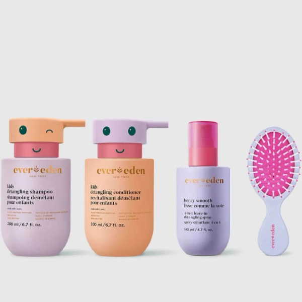 Evereden Kids Complete Haircare Set Hair Detangling Shampoo Conditioner & Spray for Children Ages 3+ & Pain-Free Hair Brush