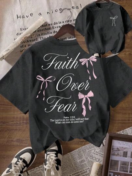 Pink Bow Slogan Graphic Print Round Neck Short Sleeve T-Shirt For Women