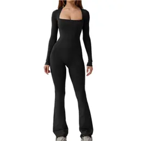 QINSEN Jumpsuits for Women Square Neck Wide Leg Full Length Romper Playsuit
