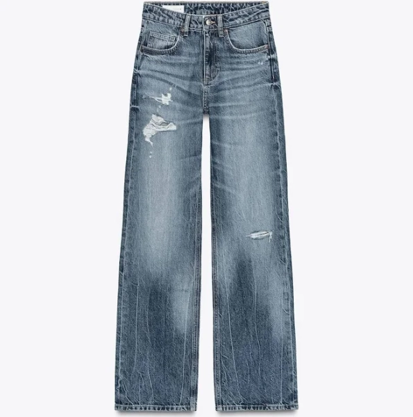 Zara Women's Trf Mid-Rise Ripped Wide Leg Jeans