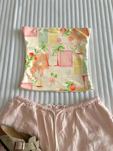 INAWLY Women's Tropical Fruit & Coconut Tree Print Beach Vacation Bandeau Top