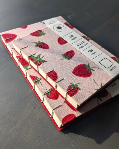 Strawberry Fabric Cover Journal: Handmade Coptic Stitch Sketchbook